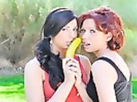 Rita and Madeline masturbating with bananas